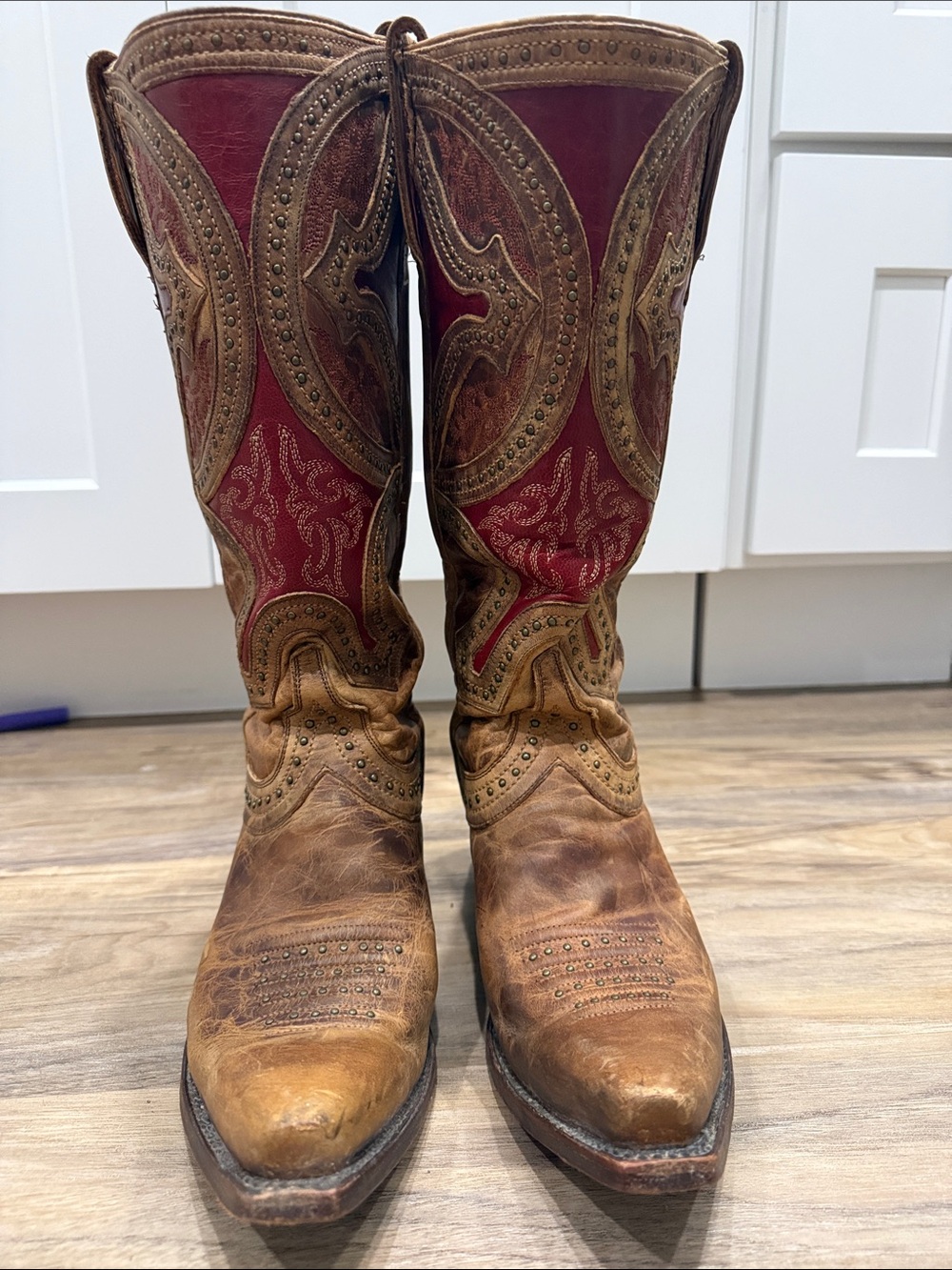 Lucchese Women's Brown Leather Cowboy Boots with Red Shaft - Picture 3 of 14